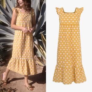 Greylin yellow and white embroidered geometric maxi peasant boho dress small